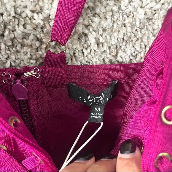 WOW Couture Dress Women’s Medium Pink Lace Tie Bandage Bodycon Mini NWT - Picture 4 of 12